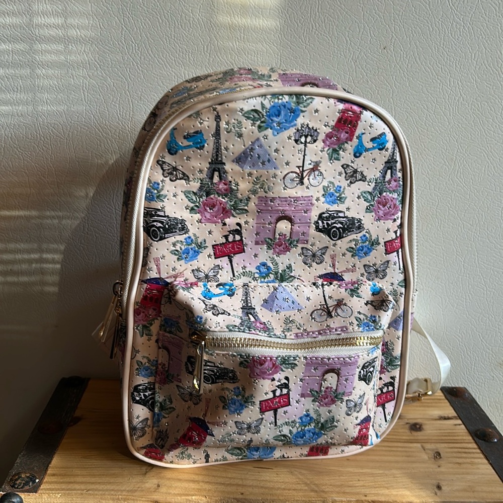 Blush Kiss Paris Eiffel Tower Floral Mini Backpack Vegan Leather